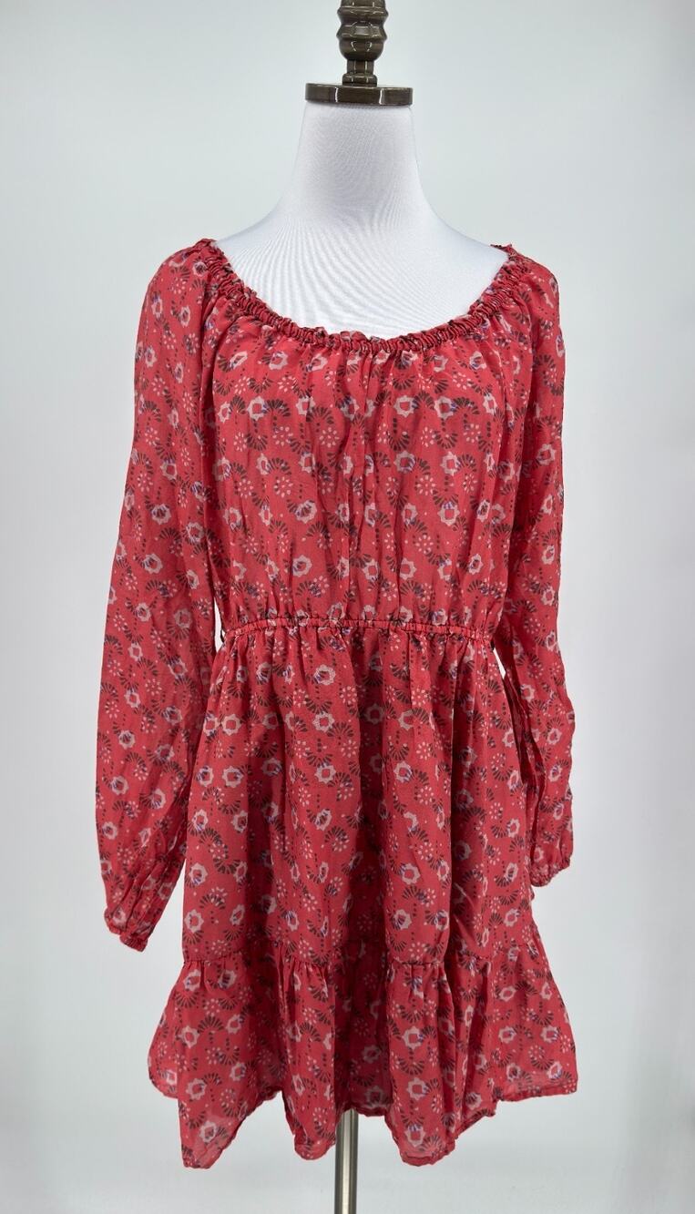 XiRENA Jia Coral Blush Red Abstract Floral Cotton Silk Mini Tunic Dress Sz L